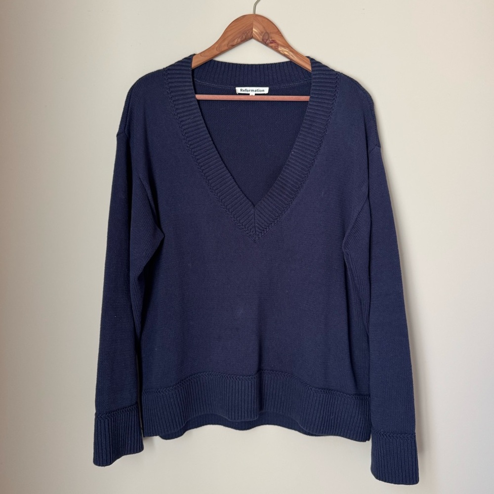 Reformation Sienna Oversized Cotton V Neck Sweater in Navy